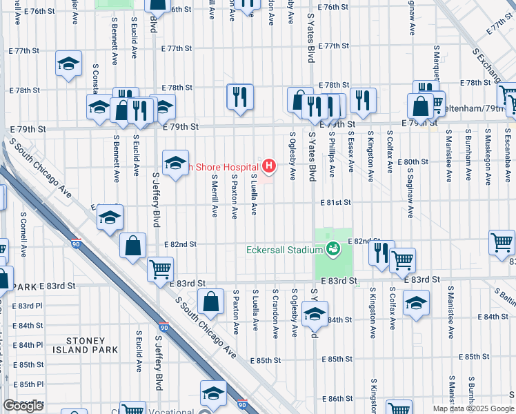 map of restaurants, bars, coffee shops, grocery stores, and more near 8100 South Luella Avenue in Chicago