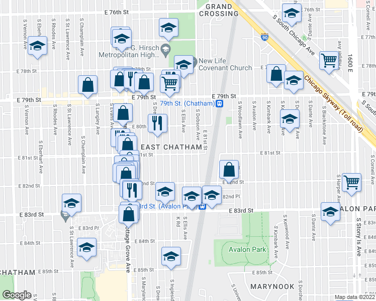 map of restaurants, bars, coffee shops, grocery stores, and more near 8051 South Ellis Avenue in Chicago