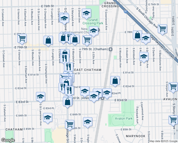 map of restaurants, bars, coffee shops, grocery stores, and more near 922 East 81st Street in Chicago
