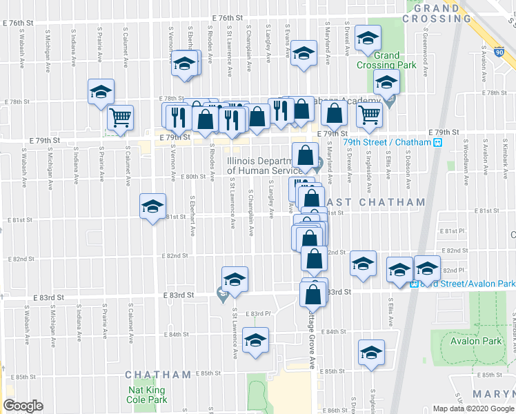 map of restaurants, bars, coffee shops, grocery stores, and more near 8046 South Champlain Avenue in Chicago