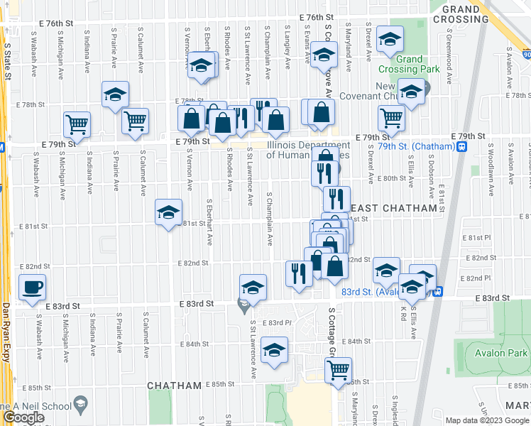 map of restaurants, bars, coffee shops, grocery stores, and more near 8046 South Champlain Avenue in Chicago