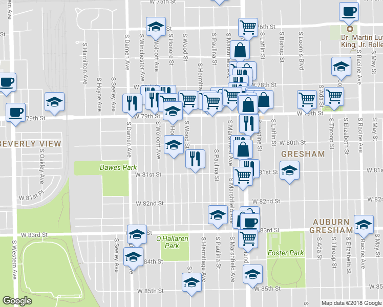map of restaurants, bars, coffee shops, grocery stores, and more near 8016 South Hermitage Avenue in Chicago