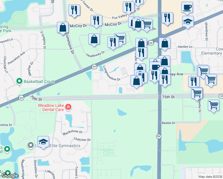 map of restaurants, bars, coffee shops, grocery stores, and more near 4132 Landing Drive in Aurora