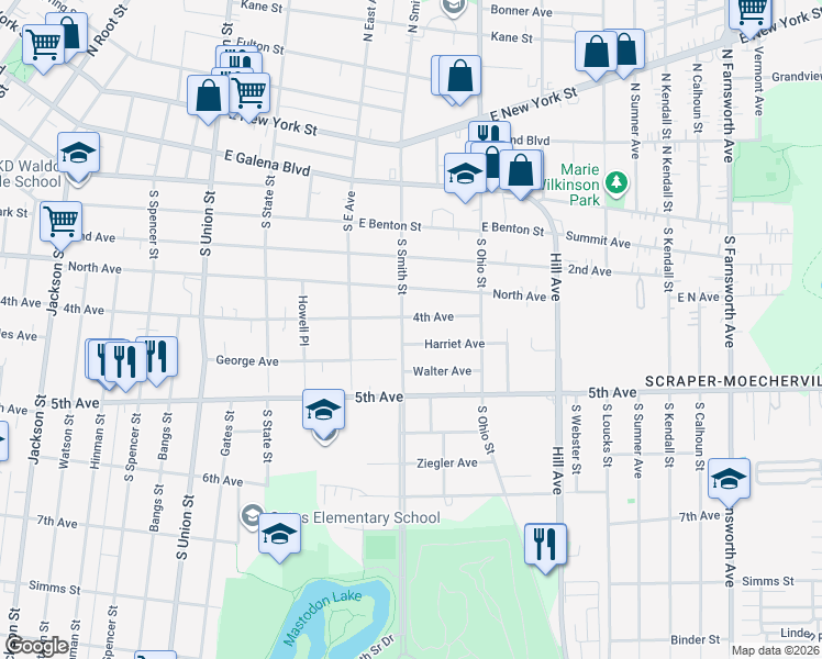 map of restaurants, bars, coffee shops, grocery stores, and more near 407 South Smith Street in Aurora