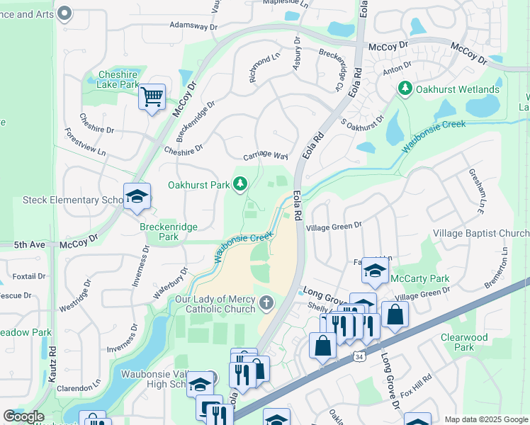 map of restaurants, bars, coffee shops, grocery stores, and more near 300 South Oakhurst Drive in Aurora