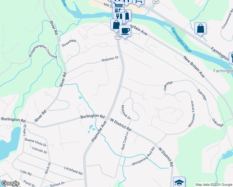 map of restaurants, bars, coffee shops, grocery stores, and more near 300 Plainville Avenue in Farmington