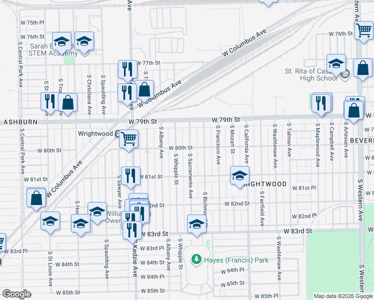 map of restaurants, bars, coffee shops, grocery stores, and more near 8000 South Sacramento Avenue in Chicago
