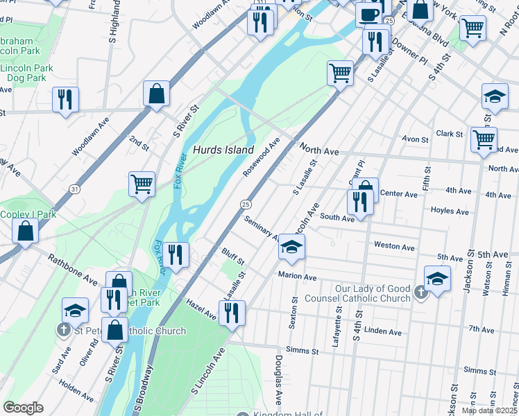 map of restaurants, bars, coffee shops, grocery stores, and more near 505 Titsworth Court in Aurora