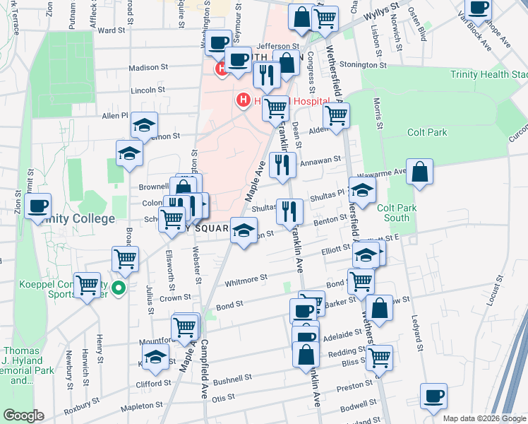 map of restaurants, bars, coffee shops, grocery stores, and more near 134 Shultas Place in Hartford