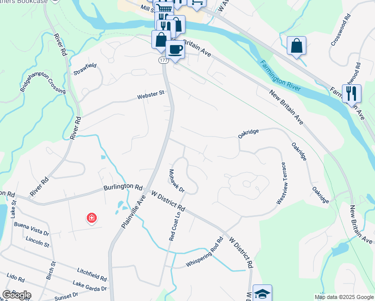 map of restaurants, bars, coffee shops, grocery stores, and more near 42 Keene Place in Farmington