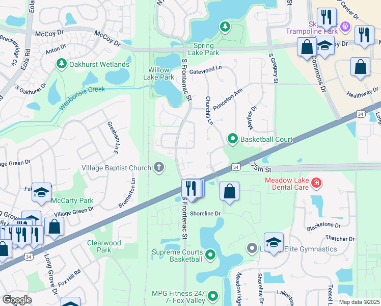 map of restaurants, bars, coffee shops, grocery stores, and more near 422 Park Ridge Lane in Aurora