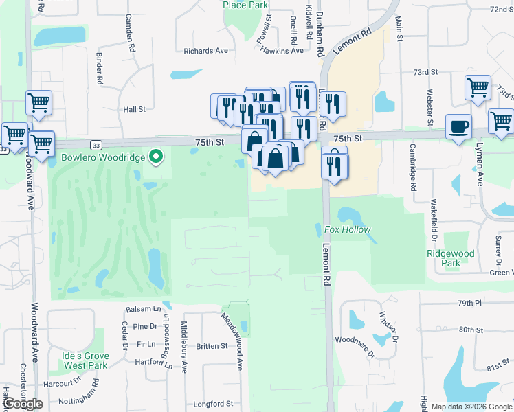 map of restaurants, bars, coffee shops, grocery stores, and more near 1128 Fox Woods Lane in Downers Grove