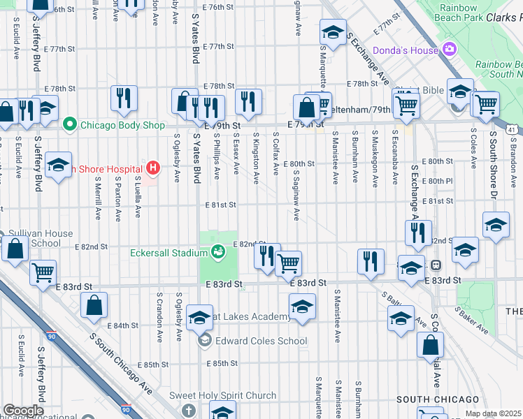 map of restaurants, bars, coffee shops, grocery stores, and more near 8105 South Kingston Avenue in Chicago