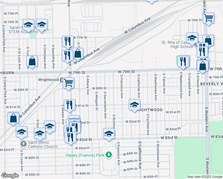 map of restaurants, bars, coffee shops, grocery stores, and more near 8000 South Richmond Street in Chicago