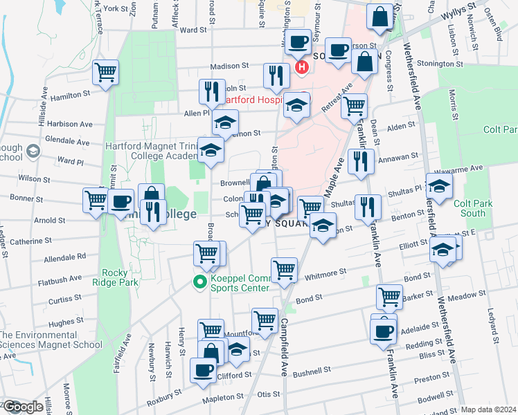 map of restaurants, bars, coffee shops, grocery stores, and more near 16 School Street in Hartford