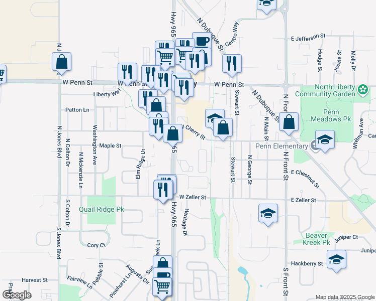 map of restaurants, bars, coffee shops, grocery stores, and more near 495 West Cherry Street in North Liberty
