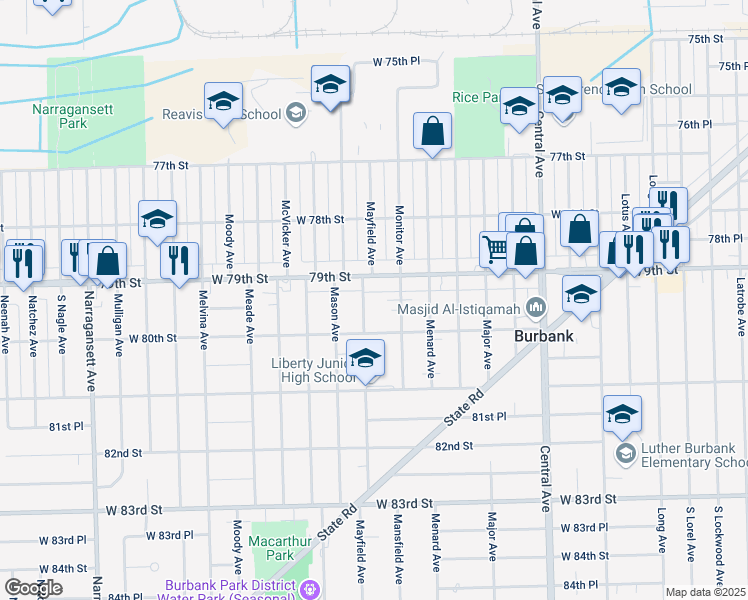 map of restaurants, bars, coffee shops, grocery stores, and more near 7915 Mayfield Avenue in Burbank