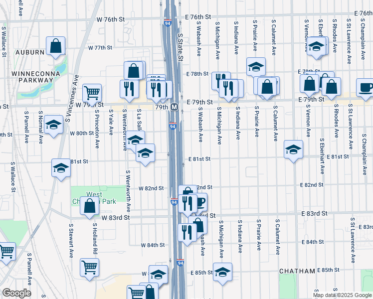 map of restaurants, bars, coffee shops, grocery stores, and more near 8041 South State Street in Chicago
