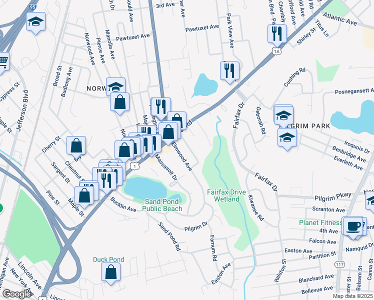 map of restaurants, bars, coffee shops, grocery stores, and more near 45 Hollywood Avenue in Warwick