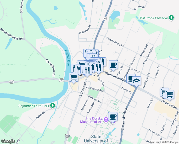 map of restaurants, bars, coffee shops, grocery stores, and more near in New Paltz