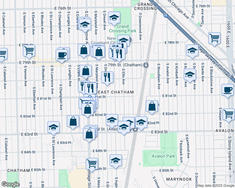 map of restaurants, bars, coffee shops, grocery stores, and more near 922 East 81st Street in Chicago