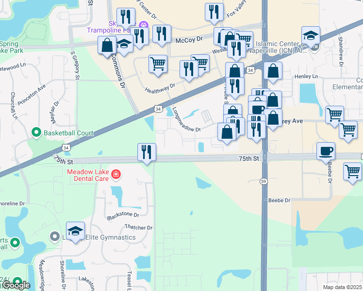 map of restaurants, bars, coffee shops, grocery stores, and more near 4132 Landing Drive in Aurora