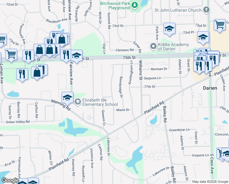 map of restaurants, bars, coffee shops, grocery stores, and more near 7705 Rohrer Drive in Downers Grove