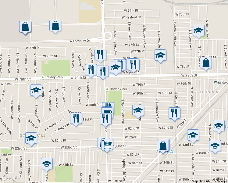 map of restaurants, bars, coffee shops, grocery stores, and more near 7949 South Pulaski Road in Chicago
