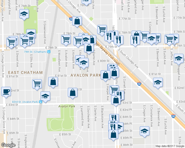 map of restaurants, bars, coffee shops, grocery stores, and more near 8056 South Dante Avenue in Chicago