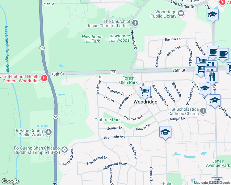 map of restaurants, bars, coffee shops, grocery stores, and more near 2935 Westridge Drive in Woodridge