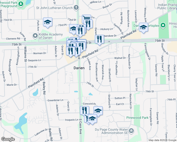 map of restaurants, bars, coffee shops, grocery stores, and more near 7710 Linden Avenue in Darien