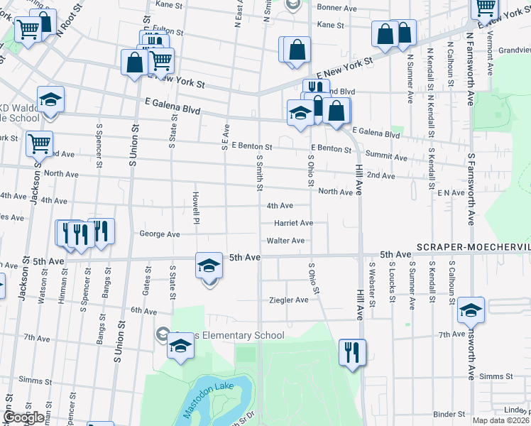 map of restaurants, bars, coffee shops, grocery stores, and more near 407 South Smith Street in Aurora