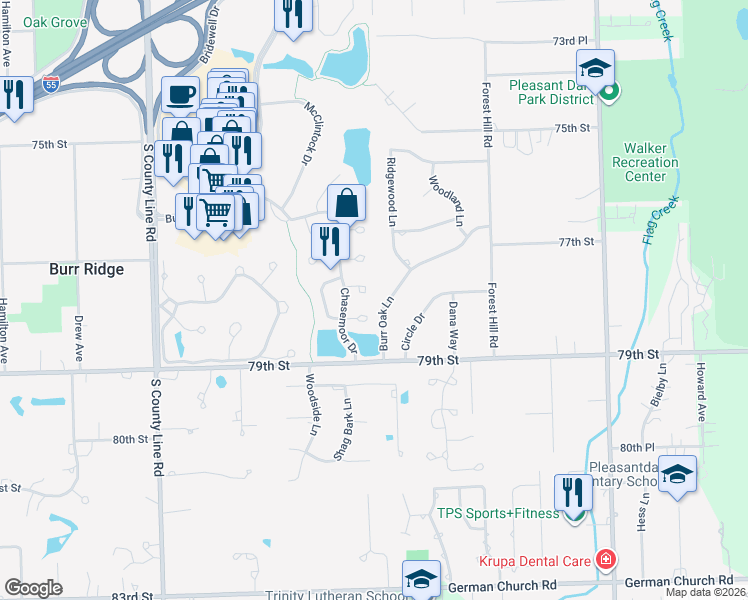 map of restaurants, bars, coffee shops, grocery stores, and more near 11560 Burr Oak Lane in Burr Ridge