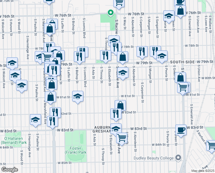 map of restaurants, bars, coffee shops, grocery stores, and more near 8020 South Elizabeth Street in Chicago