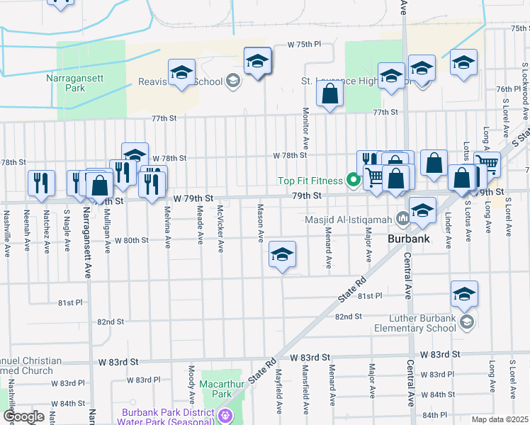 map of restaurants, bars, coffee shops, grocery stores, and more near 7911 Mason Avenue in Burbank