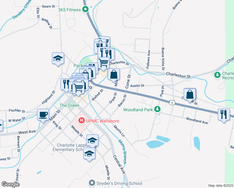 map of restaurants, bars, coffee shops, grocery stores, and more near 44 East Avenue in Wellsboro
