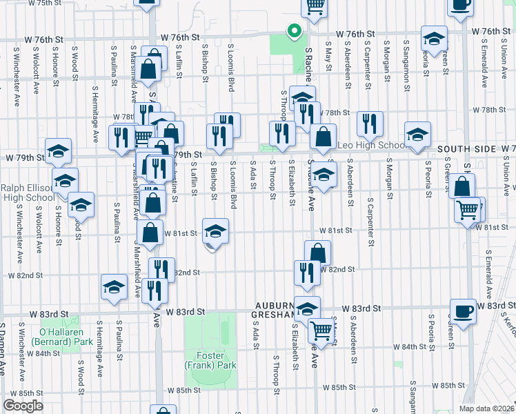 map of restaurants, bars, coffee shops, grocery stores, and more near 8019 South Ada Street in Chicago