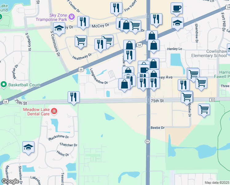 map of restaurants, bars, coffee shops, grocery stores, and more near 4313 Bayhead Court in Aurora