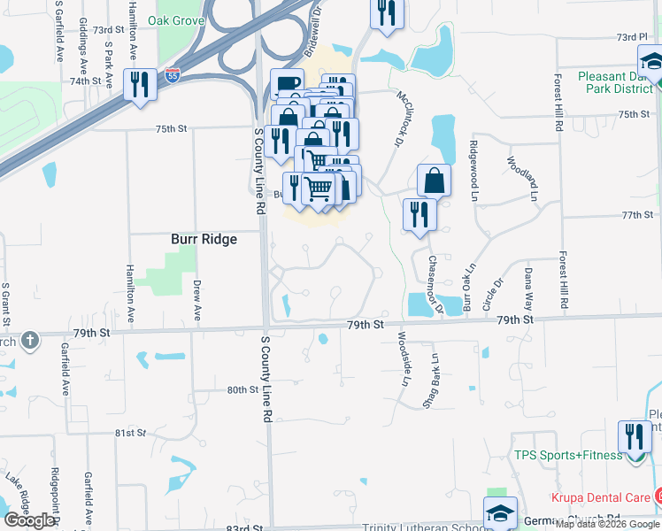 map of restaurants, bars, coffee shops, grocery stores, and more near 14 Ambriance Drive in Burr Ridge