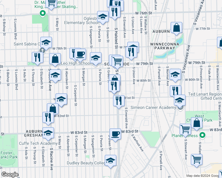 map of restaurants, bars, coffee shops, grocery stores, and more near 8027 South Green Street in Chicago