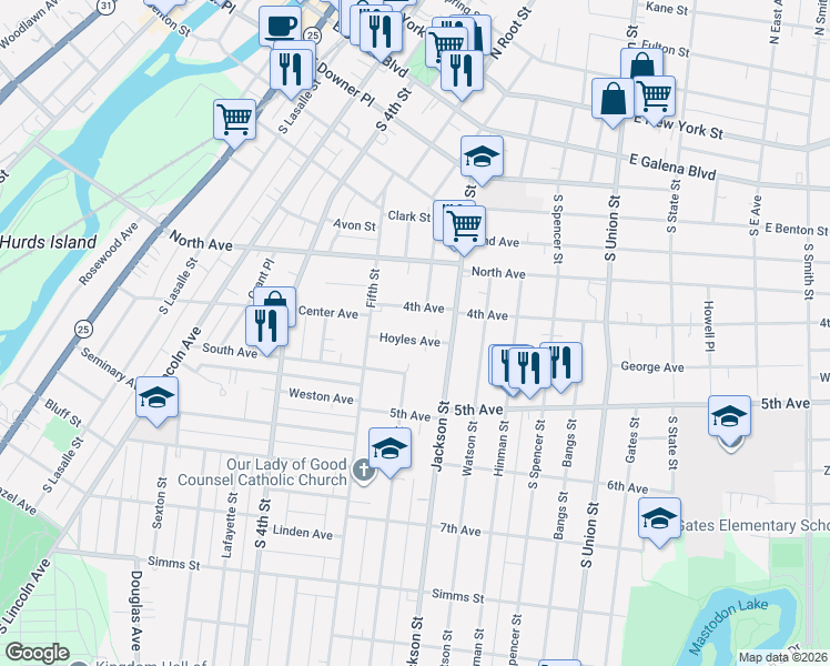 map of restaurants, bars, coffee shops, grocery stores, and more near 534 Hoyles Avenue in Aurora