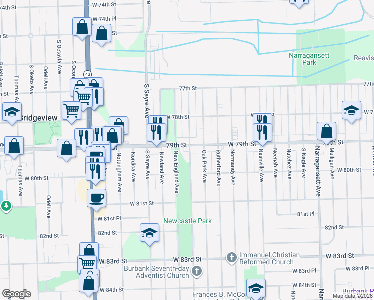 map of restaurants, bars, coffee shops, grocery stores, and more near 6889 79th Street in Burbank