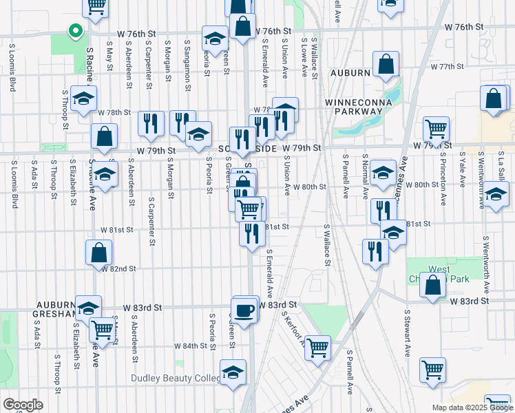 map of restaurants, bars, coffee shops, grocery stores, and more near 8029 South Halsted Street in Chicago