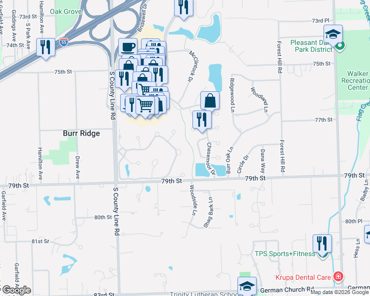 map of restaurants, bars, coffee shops, grocery stores, and more near 502 Ambriance Drive in Burr Ridge