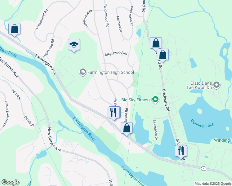 map of restaurants, bars, coffee shops, grocery stores, and more near 18 Knollwood Road in Farmington
