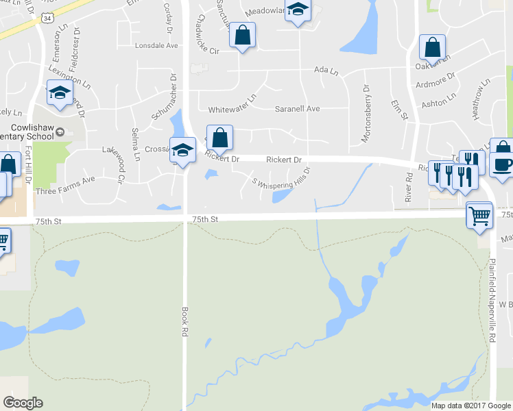 map of restaurants, bars, coffee shops, grocery stores, and more near 1243 Denver Court in Naperville