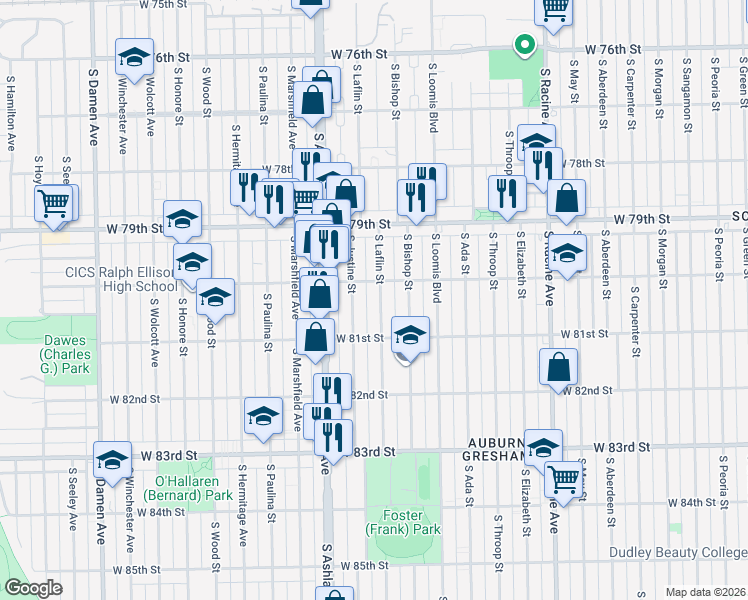 map of restaurants, bars, coffee shops, grocery stores, and more near 8018 South Laflin Street in Chicago