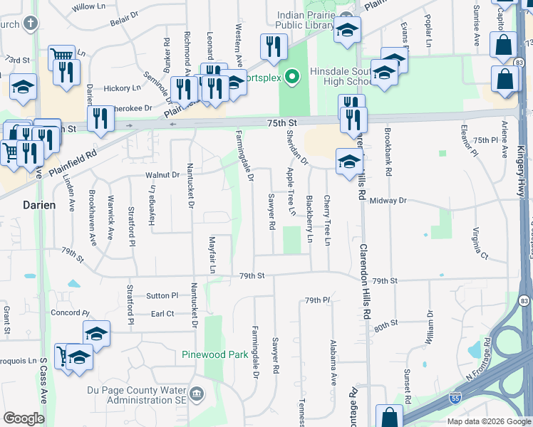 map of restaurants, bars, coffee shops, grocery stores, and more near 7714 Sawyer Rd in Darien