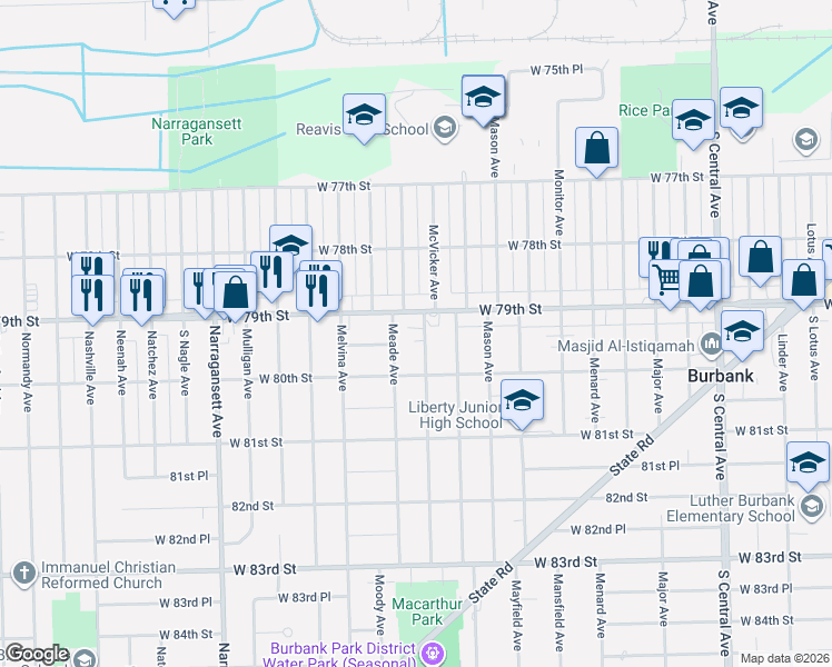 map of restaurants, bars, coffee shops, grocery stores, and more near 7916 McVicker Avenue in Burbank