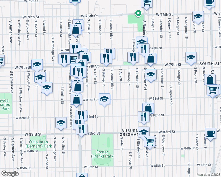 map of restaurants, bars, coffee shops, grocery stores, and more near 8018 South Loomis Boulevard in Chicago